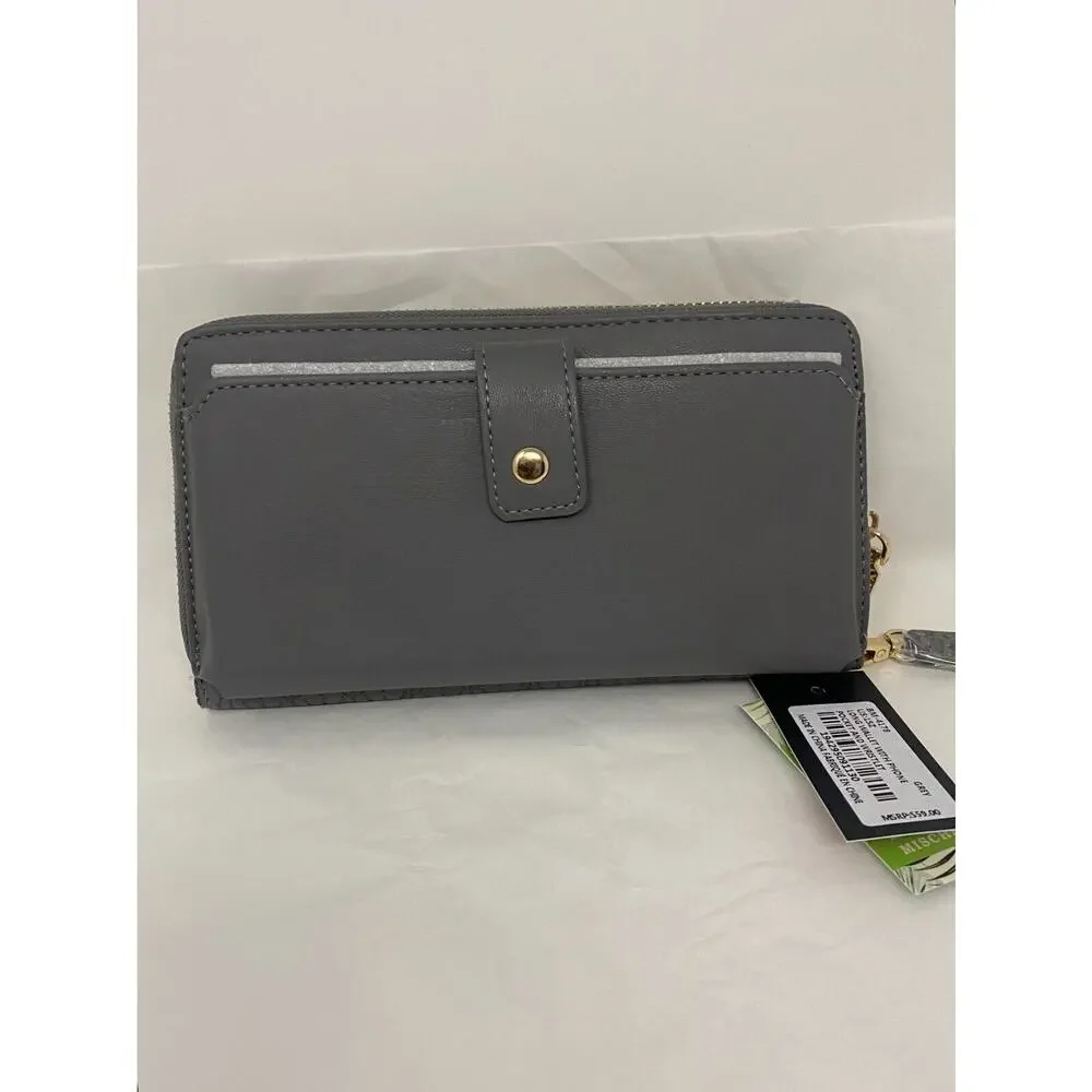 NWT Badgley Mischka Women's Grey Long Wallet With Phone Pocket & Wrist Leg - Picture 2 of 5